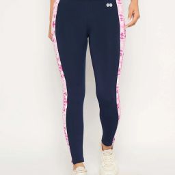 Clovia Navy Blue High Rise with Side Marble Print Panels Active Tights-picture-21