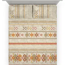 DDecor Beige & Orange Ethnic Motifs Cotton 144 TC Queen Bedsheet With 2 Pillow Covers image 2
