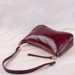 LEKHX Maroon Croc Textured Structured Shoulder Bag image 3