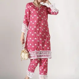 Anouk Printed Regular Kantha Work Pure Cotton Straight Kurta with Trousers-image-4