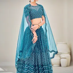 SHOPGARB Embroidered Sequinned Net Semi-Stitched Lehenga & Unstitched Blouse With Dupatta image 2