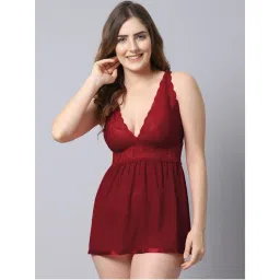 Shararat Women Lace Above Knee Baby Doll with Panty Red (Set of 2)-picture-28