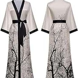 ND Night Desire Women's Floral Long Kimono Robe Long Satin Robe Long Silk Robe Ladies Kimonos Silky Bathrobe Cover Up, One Size, Black Tree, One size-image-50