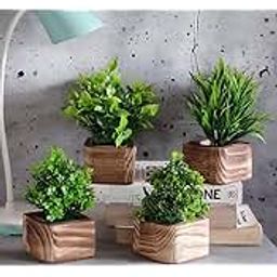 Litleo Set of 4 Artificial Plant with Wooden Pot, for Home Office, Desk, Table, Decoration-image-3