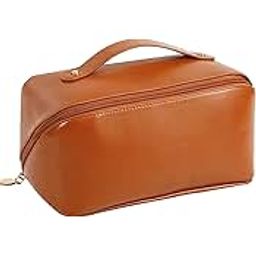 ambddedWaterproof PU Leather Toiletry Bag with Multiple Compartments, Travel Makeup Case with Handle, Brown-image-40