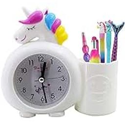 Taufa Villa Alarm Clock with Pen Holder for Kids Unicorn Alarm Watch for Girls Loud Bell Alarm Table Clock (White)(Plastic, 1.5Wx5.1Lx5.5H inches)-image-54