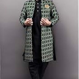 XEPONStylish Ethnic Wear Stand Collar Full Sleeve Black Kurta Pajama with Long Jacket Set-image-8
