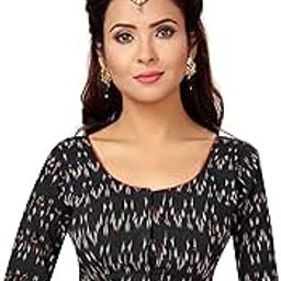 Studio ShringaarWomen's Readymade Ikat Print Black Pure Cotton Saree Blouse with Elbow Length Sleeves-image-56