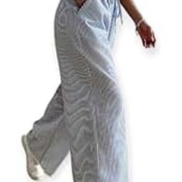KANZUL -FASHION PASSIONStriped Wide Leg Pants, Drawstring, Casual Palazzo Trousers, Blue and White-image-77