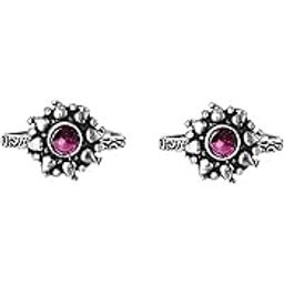 TEEJHMiraya Pink Stone Silver Oxidised Toe Rings for Women-image-2