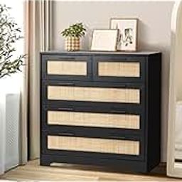 THE KASHTH Modern 5-Drawer Chest with Rattan Panels – Contemporary Bedroom Storage Dresser with Black Wood Frame.-image-7