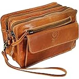 RUSTIC TOWNSmall Leather Mens Hand Bag Pouch Purse Wallets Clutch Wrist Bag Gift for Men's Travel Accessories Organizer (Brown)-image-6
