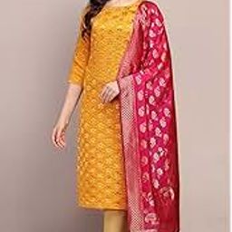 VredeVogelWomen's Cotton Silk Blend Straight Kurta with Banarasi Silk Dupatta-52