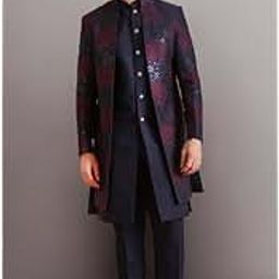 KISAHMens Jacket Sherwani Trouser Set|Silk Blend Fabric Jacquard Pattern Indo-Western Sherwani with Waistcoat and Trouser Set|Regular Fit Mandarin Collar Long Sleeves-picture-15