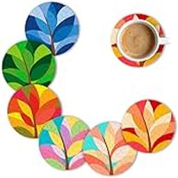 Brizberry® Brizcoast Premium Designer Round Leaf Printed Beautiful Wooden Coasters Fit for Tea Cups, Coffee Mugs and Glasses 12 8 (3.5X3.5 Inch) Design 5 (Set of 6)-image-18
