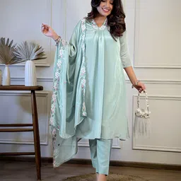 Pantos Ethnic Motifs Printed V-Neck Straight Kurta With Trouser & Dupatta-picture-0