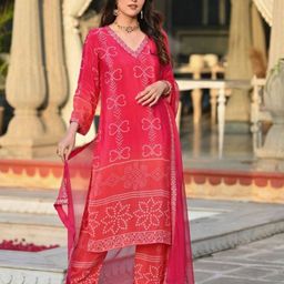 Foxent Women Bandhani Printed Cotton Kurta with Trousers & Dupatta-picture-41