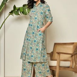 SHRIZA Floral Printed Shirt Collar Pure Cotton Straight Kurta With Palazzos image 4