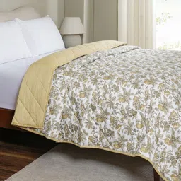 MASPAR White & Yellow Floral Printed 115 GSM AC Room Cotton Single Bed Quilt-image-67