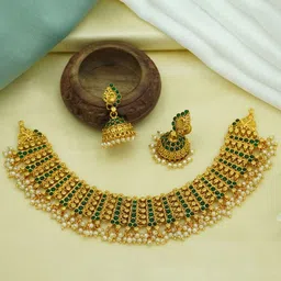 Diksha collection Brass-Plated Stone Studded & Beaded Matte Finish Jewellery Set-image-86