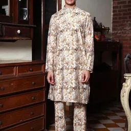 PATR Men Floral Printed Chanderi Silk Kurta-image-75