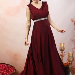 Stylum Women Wine Solid Party Wear Satin Gown-image-49