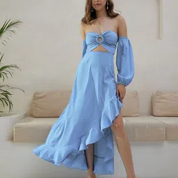 Berrylush Women Off-Shoulder Puff Sleeve Fit & Flare Maxi Dress-image-20