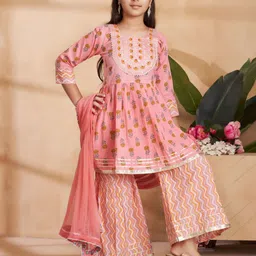 Aarika Girl's Floral Printed Thread Work Pure Cotton Kurta with Palazzos & With Dupatta-image-43