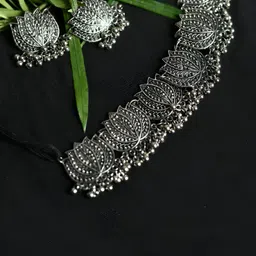 JOHARKAMAL Silver Plated Lotus Oxidised Choker Necklace And Earrings-picture-47