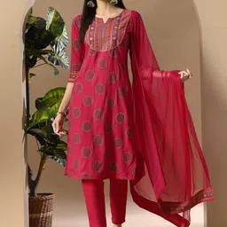 LYCHNIS V-Neck Floral Printed Straight Kurta with Trouser & Dupatta-46