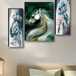 Aura Blue & White 3 Pieces Horse & Flower Birds And Animals Wooden Wall Arts-14