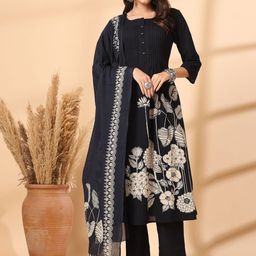 Shangri LA MS Designs Women Floral Printed Pleated Aari Work Pure Cotton Kurta with Trousers & With Dupatta-image-59