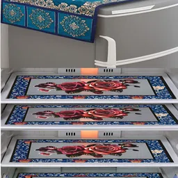 LooMantha 5-Pcs  Red & Blue Printed Fridge Cover With Side Storage & Fridge Mat-26