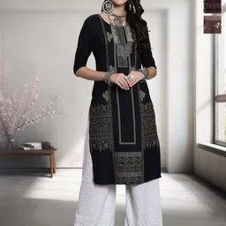 HERE&NOW Selection Of 3 Ethnic Motifs Printed Round Neck Straight Kurtas-9