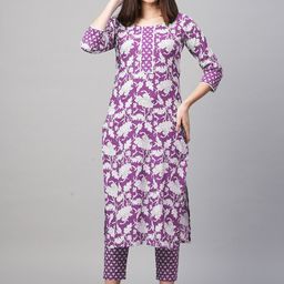 KALINI Floral Printed Round Neck Straight Kurta With Trouser-image-87