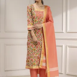 Biba Set of Coral Embroidered Kurta and Bottom With Dupatta-picture-18