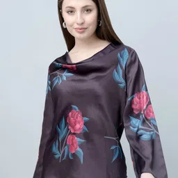 PURYS Floral Print Cowl Neck Bell Sleeve Sheen Satin Top-12