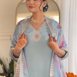 KALINI Ethnic Motifs Embroidered Chanderi Silk Straight Kurta With Trousers And Dupatta image 2