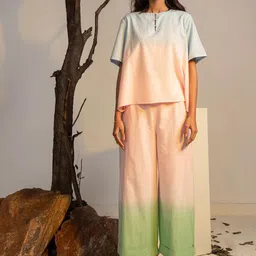 Dorabi Cyrus Ombre Dyed Round Neck Pure Cotton Top With Palazzo-picture-0