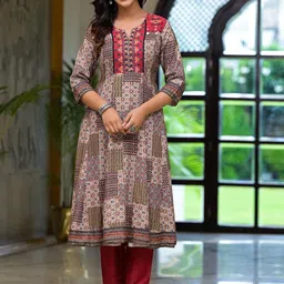 Juniper Ethnic Motifs Printed Notch Neck Thread Work A-Line Kurta With Trousers & Dupatta image 2