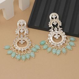 CAPILITE Jewellers Gold-Plated Kundan Studded And Pearls Beaded Circular Drop Earrings-image-36