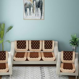 SAWNA HOMES Brown & Cream 6 Pieces Floral Printed 5 Seater Velvet Sofa Covers-image-83