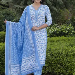 KALINI Floral Printed Mirror Work Straight Pure Cotton Kurta With Trousers & Dupatta-picture-10