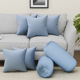 Kuber Industries Blue & Beige 7 Pieces Square Cushion & Bolster Cover-12