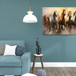 Myntra Elegant Homes White & Brown Seven Running Horses Birds and Animals Canvas Wall Art-46