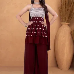 PARROT CREATION Embroidered A-Line Sequinned Georgette Kurti With Sharara And Dupatta-33
