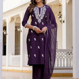 Moda Rapido Women Floral Embroidered Regular Chikankari Kurta with Trousers & With Dupatta-picture-3