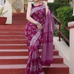 Craft Musium Floral Pure Cotton Bagru Saree-image-75