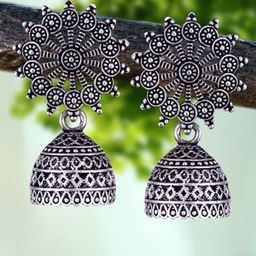 MEENAZ Set Of 4 Silver-Plated Floral Shaped Oxidised Jhumkas-14