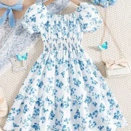 White World Girls Floral Printed Puff Sleeve Fit & Flare Midi Dress-image-35